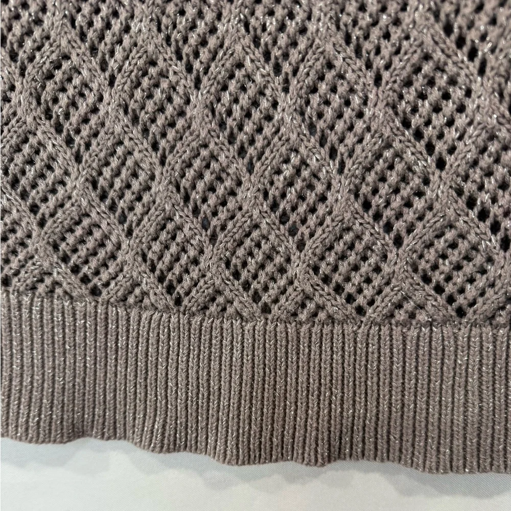 LOFT Metallic Pointelle Knit Sweater Open Weave Subtle Shimmer Taupe Size Medium